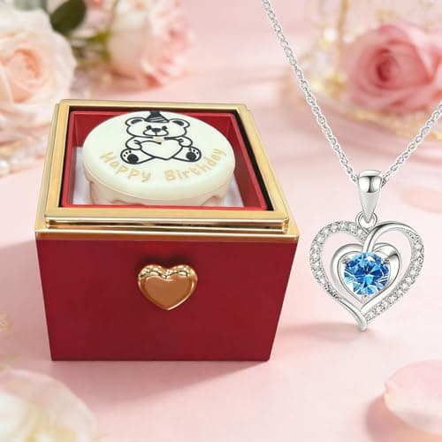 Bear Cake Rotating Ring Jewelry Box with S925 Necklace & 999 Silver Pendant, Blue Zirconia Ring Box for Proposal Engagement Wedding Birthday Gift, Surprise Flip Ring Bearer Box (Red Box+Necklace)