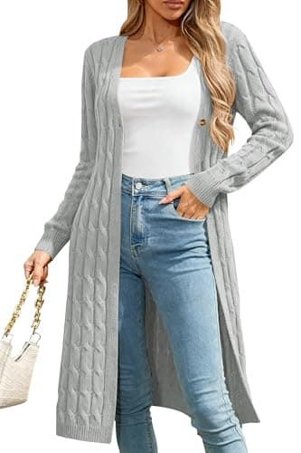 Cakulo Womens Long Cardigans Cable Knit Chunky Cardigan Sweaters Open Front Fall Winter Fashion Outfits Coats 2025 Gray S - Image 1