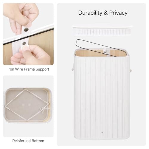 StorageWorks Laundry Hamper with Lid, Foldable Bamboo Laundry Basket, Clothes Hamper with Handles, Organizer and Storage for Laundry Room, Bedroom, Dorm, White - Thumbnail 6