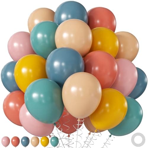 Retro Blue Pink Yellow Balloons, 60Pcs 12Inch Dusty Blue Pink Mustard Yellow Nude Balloons for Here Comes the Son Theme Boho Baby Shower Gender Reveal Birthday Party Decorations - Image 1