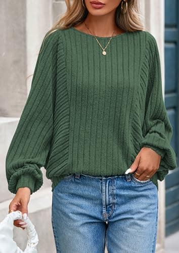 PRETTYGARDEN Womens Batwing Long Sleeve Shirts Spring Fashion 2026 Crewneck Tunic Tops Dressy Casual Loose Fit Lightweight Sweater(Sage Green, S) - Thumbnail 2