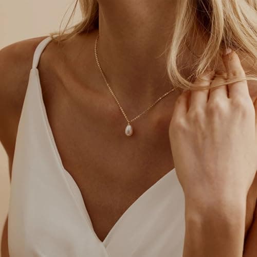 Fezodo Gold Pearl Necklace for Women, 18K Gold Plated Dainty Single Pearl Necklaces for Women Trendy Simple Pearls Drop Penandt Necklace Gold Necklace for Women Wedding Pearls Jewelry - Thumbnail 3