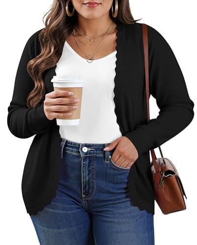 TIANZHU Women's Plus Size Cardigan Open Front Long Sleeve V-Neck Lightweight Cropped Knit Sweater, Black, XL - Image 1