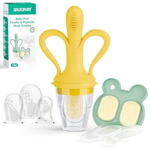 JEXFUN Baby Fruit Feeder & Breastmilk Popsicle Mold Set, Silicone Food Feeder Pacifier for Cooling Relief with 3 Replaceable Pouches, BPA-Free Teething Toy for Safe Infant Self Feeding (Banana Yellow)