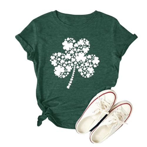 Binshre St. Patrick's Day Shirts for Women Four-Leaf Clover Printed Funny Irish Patty's Patricks Day Outfit Short Sleeve Tee Tops - Image 1