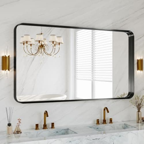 Black Metal Vanity Rounded Rectangle Bathroom Mirrors for Over Sink Wall, 55x30 Inch Large Matte Mirror, Anti-Rust, Modern Decorative for Restroom, Farmhouse - Image 1