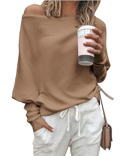 Zenlonr Women's Fall Sweaters 2025 Casual Long Batwing Sleeve Loose Off Shoulder Knit Pullovers Jumper Tops(Khaki,Small) - Image 1