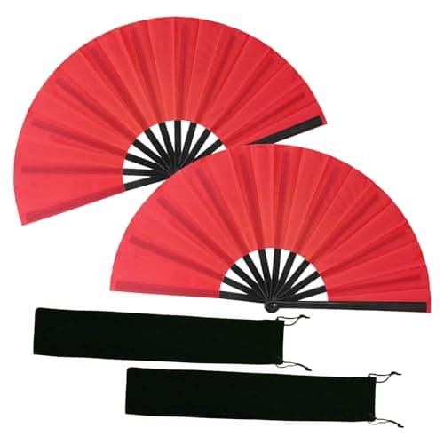 EOSAU 2 Pcs Boots on The Ground Hand Fan, Large Rave Fan Clacking Fans for Line Dancing Popping Folding Hand Fan Foldable for Kungfu Festival EDM Party Music (Red) - Image 1
