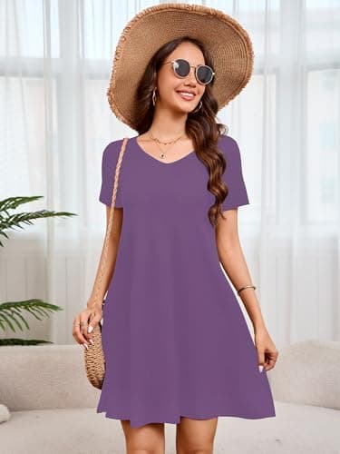 Moodclo Summer Dresses for Women Dark Lavander Large 2026 V-Neck Casual Knee Length Dress Loose Short Sleeve Flowy Sundresses with Pockets - Thumbnail 5