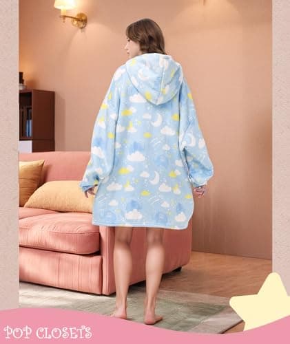 POP CLOSETS Wearable Blanket Hoodie Oversized Sherpa Fleece Sweatshirt Blanket Winter Blanket Hoodie for Adult Cloud&Elephant - Thumbnail 4