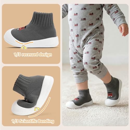 STQ Wide Toe Box Baby Sock Shoes Baby First Walking Shoes Infant Non-Slip Breathable Slippers with Soft Sole Toddler Boys Girls Slip On Barefoot Sneakers Grey Train 6-9 Months - Thumbnail 5