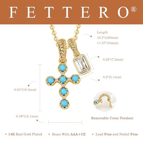 Fettero Gold Cross Necklace for Women - 14K Gold Plated Dainty Removable Turquoise Cross Pendant Charm CZ Gold Necklace for Women Trendy Faith Jewelry Christian Religious Gifts - Thumbnail 5