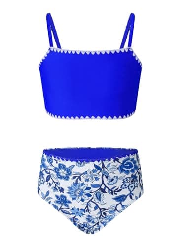 blibean Tween Girls Swimsuit Teen Two Piece Bathing Suit Big Kids Hawaii Bikini Sets Junior High Waist Swimwear Floral Boho Swimming Suits Beach Traje Baño Niñas Size 10-11 Year Old Royal Blue - Image 1
