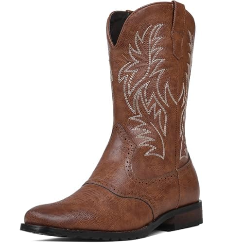 Tarkwa Cowboy Boots for Men, Western Men's Boots, Slip on Square Toe Boots, Slip Resistant Country Boots, Chunky Heel Ankle, Durable Short Boots for Spring Fall, Brown Szie 9.5 - Image 1