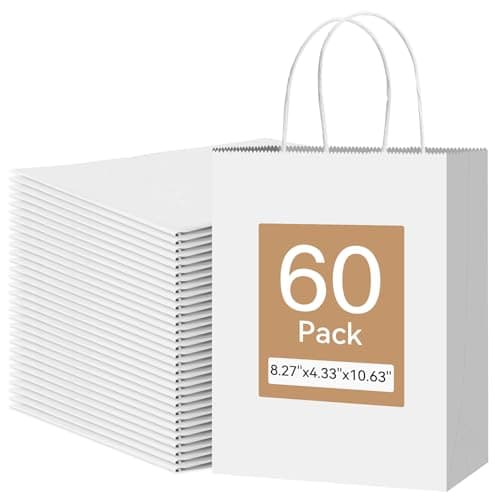 Qioxiou 60 Pack White Gift Bags 8.27x4.33x10.63 Medium Kraft Paper Gift Bags with Handles Bulk, White Paper Sacks for Wedding Birthday Party Favor, Retail, Merchandise, Grocery, Shopping, Business - Image 1