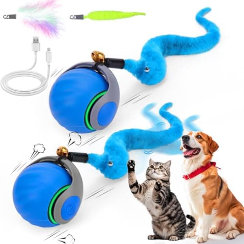 2PCS Interactive Cat Toy Ball with Feather Tails - Speedy Cat Toys for Indoor Cats, Moving Stimulation Smart Cat Toy for Enrichment, Motion Activated Automatic Rolling Toys to Keep Them Busy Blue