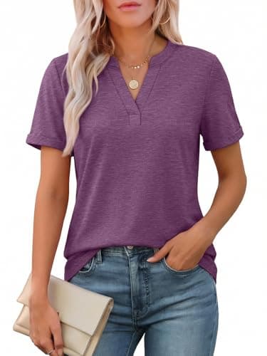 ATHMILE Womens Blouses V Neck Spring Summer Tops Dressy Casual Short Sleeve Henley T Shirts Basic Tees 2026 - Image 1