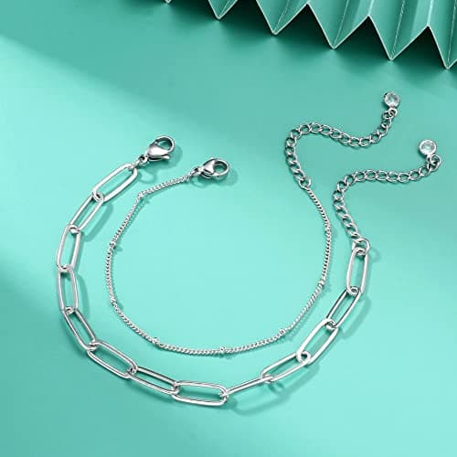 Turandoss Silver Bracelets for Women, 14K Gold Plated Layering Oval Chain Silver Bracelet Cute Silver Layered Beads Chain Silver Bracelets for Women - Thumbnail 5
