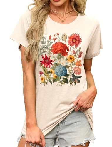 MAPICK Women's Floral Tees Loos Fit Boho Wildflower Graphic T-Shirts Vintage Short Sleeve Clothing(Apricot2,X-Large) - Image 1