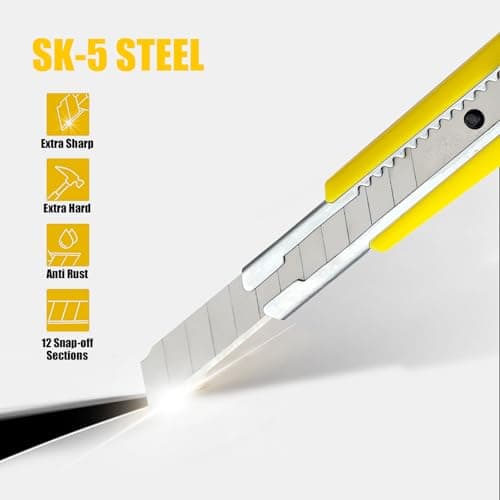 LONLEEYU Utility Knife 9MM Wide Snap-Off Blades,6 Pack Box Cutter Retractable,Smooth Mechanism, Exacto Knife for Cutting Box, Wrapping, Box Opener Perfect for Office, Home, School (Yellow Black) - Thumbnail 2