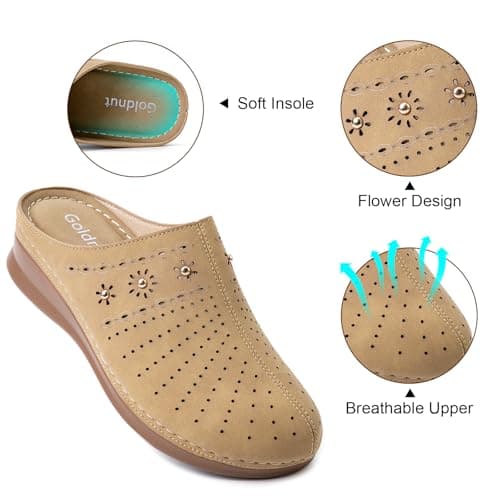 Goldnut Closed Toe Clogs for Women Slip-On Mules: Brown Comfortable Women's Mules & Clogs with Carved Floral Design US Size 7 - Thumbnail 4