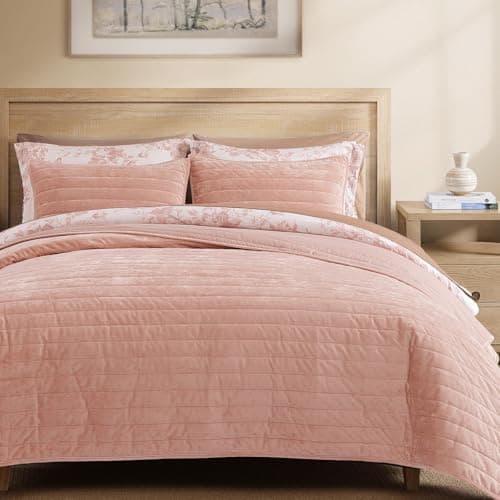 WRENSONGE Velvet King Size Quilt Set-3 Pieces Clay Pink Luxurious Velvet Striped Channel Comforter with 2 Shams, Soft Bedspread Coverlet Quilted Bedding Set for All Season - Image 1