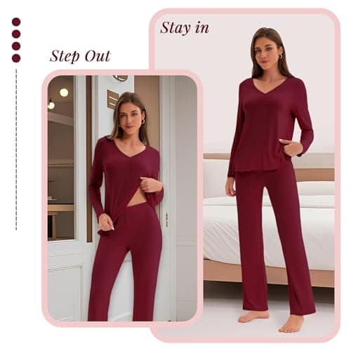 Navisting Women's Soft Knit Pajamas Set V-Neck Top and Pants Long Sleeve Two Piece Loungewear Elegant Wavy Hem Sleepwear with Color Options Burgundy M - Thumbnail 6