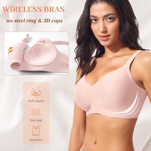 Wireless Jelly Bras for Women V Neck Seamless No Underwire Tshirt Bras Comfortable Padded Bralettes Everyday Bra with Support(A1#Pink(v Neck),Large) - Thumbnail 2