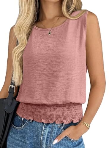BLENCOT Womens Tank Tops Casual Cute Crewneck Sleeveless Shirts Slim Fit Smocked Top Summer Trendy Basic Cami Pink M - Image 1