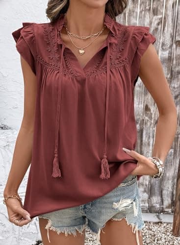 Dokotoo Women's Lace Tassel V Neck Tops Ruffled Sleeve Flared Pleated Blouse Boho Red Shirts Dressy Casual Cute Summer Tops Large - Thumbnail 4