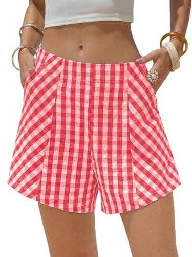 EXLURA Womens Cotton Boxer Shorts Faux Linen Gingham Shorts Summer High Waist Plaid Y2K Beach Bottoms Vacation Outfits 2026 - Image 1