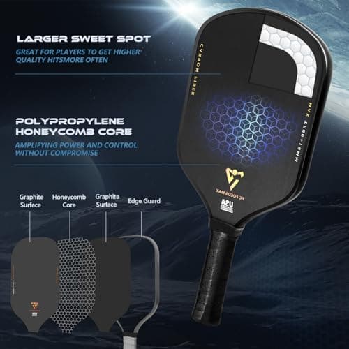 T700 Carbon Fiber Pickleball Paddles, Pickleball Set 16mm Pickle Ball Rackets with CMS Matte Surface Lightweight Honeycomb Core & Durable Edge Guard Protector Larger Sweet Spot - Thumbnail 3
