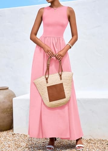 KIRUNDO Summe Sleeveless Maxi Dresses for Women 2026 Spring Wedding Guest A Line Tank Elegant Flowy Beach Long Sundress(Pink, Small) - Thumbnail 3