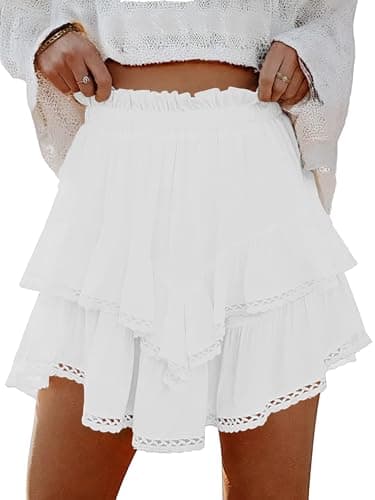 Lepunuo Boho Shorts for Women High Waisted Ruffle Tiered Flowy Skirts with Shorts Underneath Western Outfits Skorts A - White - Image 1