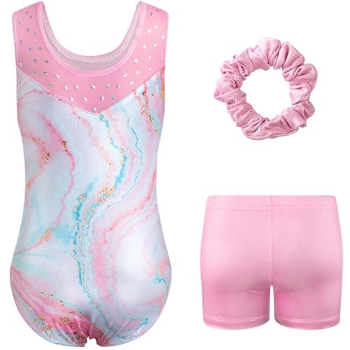 HOZIY Girls Gymnastics Practice Leotards Kids Sleeveless Ballet Mesh Splicing Unitards Sparkle Marble Pink 3 Piece Tumbling Outfits with Shorts 6-7 Years - Thumbnail 2