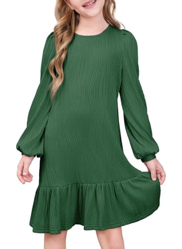 blibean Girls Dresses Big Kids Long Sleeve Party Dresses Tween Girl Solid Boho Knit Modest Church Birthday Clothes Casual Pleated Cute School Textured Outfits Size 10-11 Years Old Green - Image 1