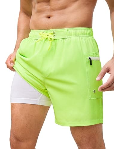 SILKWORLD Men's Swim Trunks 2 in 1 Bathing Suits Quick Dry Swimwear Zipper Pocket Swimsuit for Beach, Vacation, Pool, Fluorescent Green, X-Large - Image 1