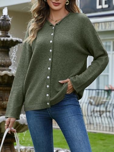 UNCLECAT Womens Button Up Cardigan Sweaters Fall Long Sleeve Outerwear Tops Knit Open Front Clothes Army Green - Thumbnail 5