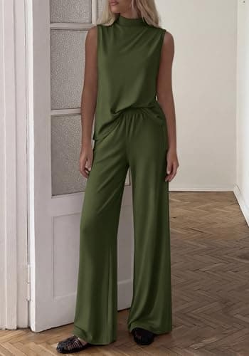 BTFBM Summer 2 Piece Lounge Sets For Women Sleeveless Mock Neck Wide Leg Loose Spring Vacation Airport Travel Outfits(Army Green, X-Large) - Thumbnail 4