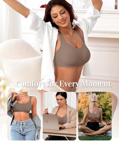 Wireless Jelly Seamless Bras for Women No Underwire Tshirt Full Coverage Padded Supportive Bra Comfortable Everyday Bralettes(01#Coffee(Full Coverage),Large) - Thumbnail 3
