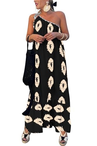 PRETTYGARDEN Women's 2026 Summer One Shoulder Maxi Dress Printed Flowy Boho Long Sundresses Spring Beach Vacation Clothes (Black Apricot Floral,X-Large) - Image 1