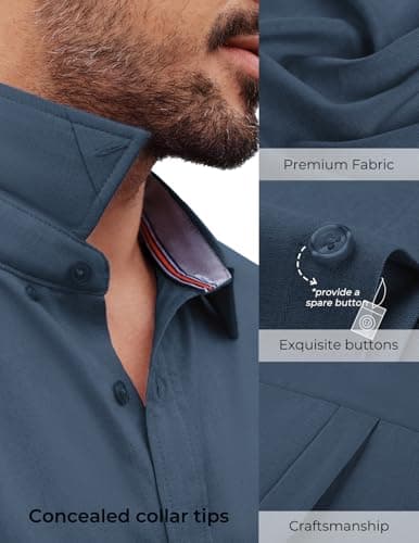 PJ PAUL JONES Mens Shirt Short Sleeve Business Casual Shirts Slim Fit Button Down Dress Shirt Deep Blue - Thumbnail 3