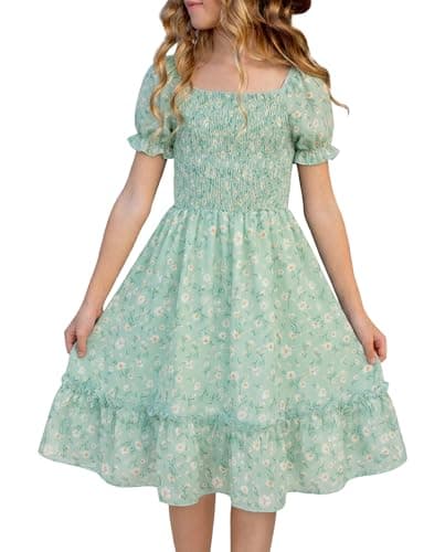 FREELYVE Girls Summer Floral Smocked Dress Square Neck Puff Sleeve Ruffle School Party Teen Sundress,Green,6-7Y - Image 1