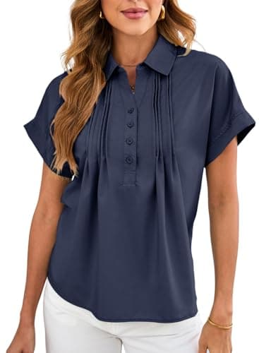Dokotoo Womens Short Sleeve Shirts Collared Neck Pleated Ladies Tops and Blouses Button Down Loose Fit Trendy Tops for Women Fashion Business Casual Outifits Going Out Tops Navy Blue Shirts Small - Image 1