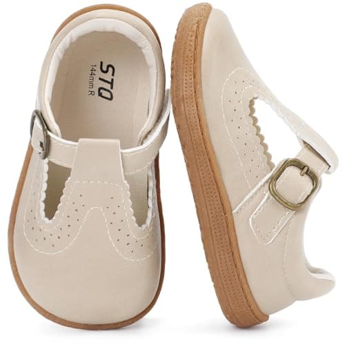 STQ Wide Toe Box Toddler Mary Jane Dress Shoes Zero Drop Girls Ballet Flats for Party School Uniform Shoe with Hook and Loops Sand Toddler 9 - Image 1