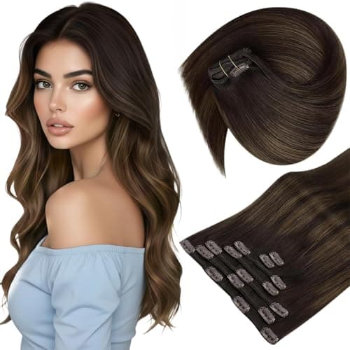 Sunny Hair Clip in Hair Extensions Real Human Hair 20 Inch 120g Remy Hair Clip in Extensions for Women Human Hair Extensions Dark Brown Balayage Light Brown - Image 1
