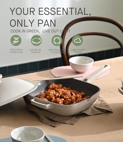 USELUCK 10.5 Inch(3.8QT) Ceramic Pan with Lid,Non Stick Frying Pans Cast Aluminum Deep Sauté Pans,Ti-Ceramic Non Toxic Pix Pan with Wooden Spatula and Scrubber-Morning Mist - Thumbnail 5