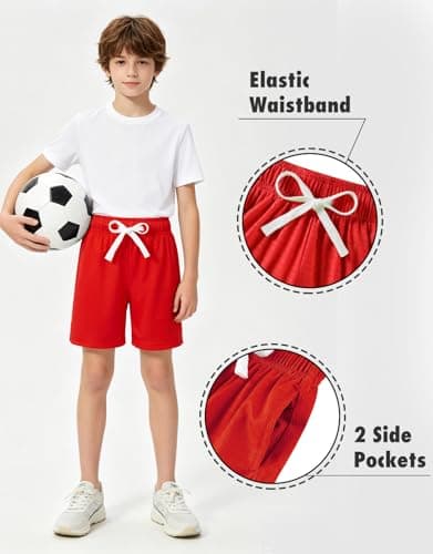 Cozople Boys Athletic Shorts Quick Dry Mesh Lightweight Basketball Shorts for Kids with Pockets Classic Red Deep Side Pockets for Camp Sports Running - Thumbnail 2
