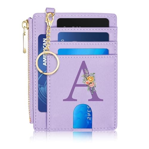 Credit Card Holder for Women Slim Minimalist Front Pocket RFID Blocking Wallet Small Compact Card Case with ID Window Zipper Pocket,Personalized Birthday Gifts for Mom Initial Card Holder Wallet - Image 1