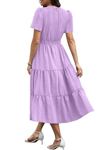 RUMIA Maxi Dress for Women Summer Short Sleeve V Neck Flowy Beach Dress with Pockets Lightpurple XL - Thumbnail 5
